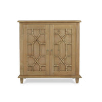Straight-on view of cabinet doors with decorative design.