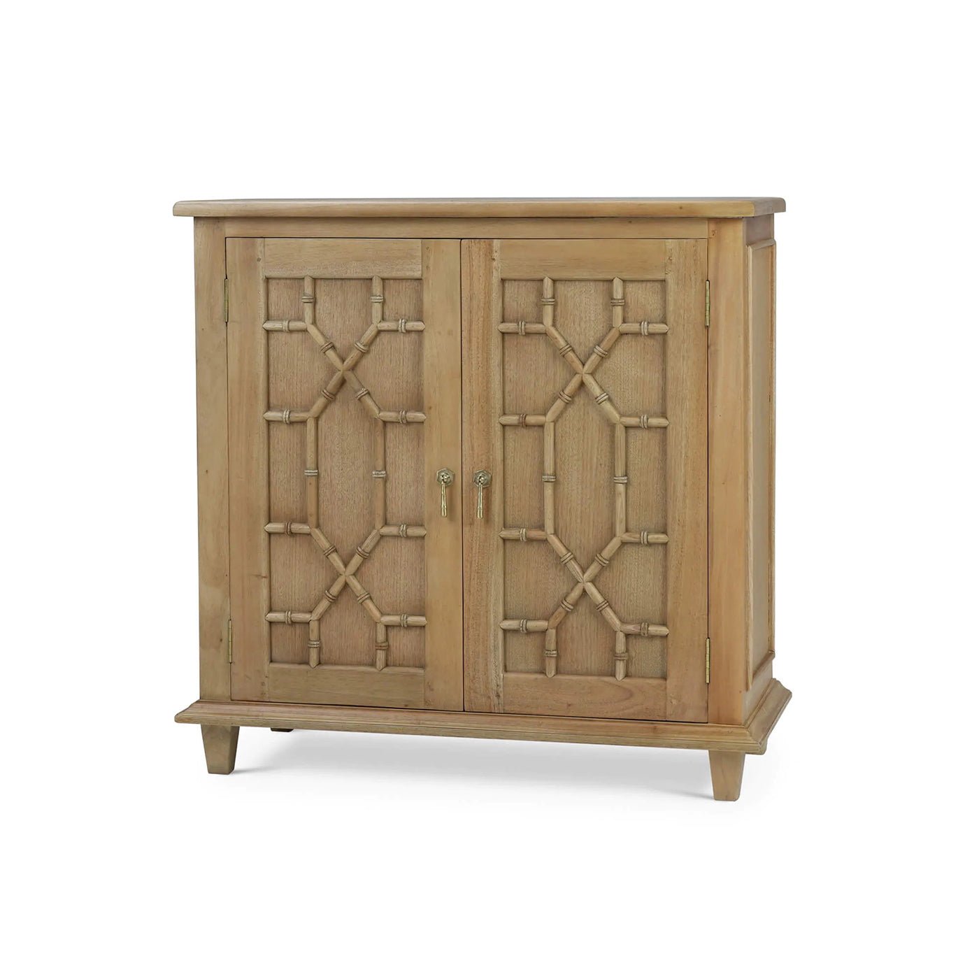 Front view of small mid-century cabinet, fruitwood finish.