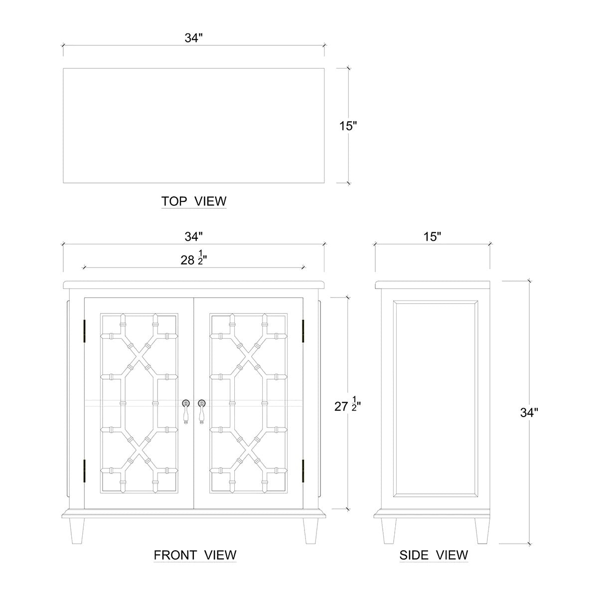 Dimensional diagram of small mid-century cabinet, measurements included.