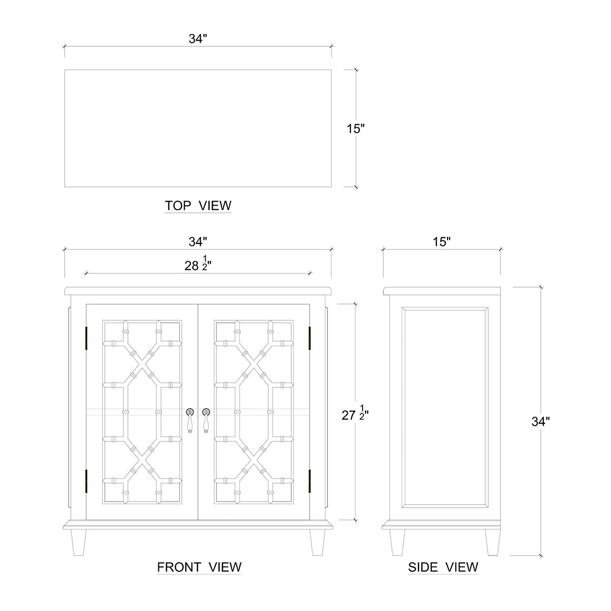 Small mid-century cabinet dimensions, top and side views.
