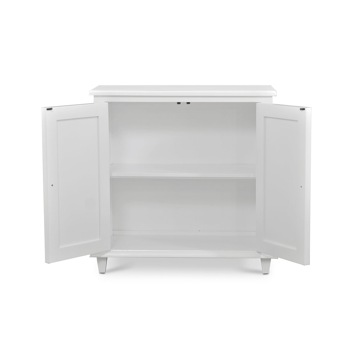 Small mid-century white cabinet, open doors, interior shelves.