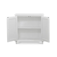 Small mid-century white cabinet, open doors, interior shelves.