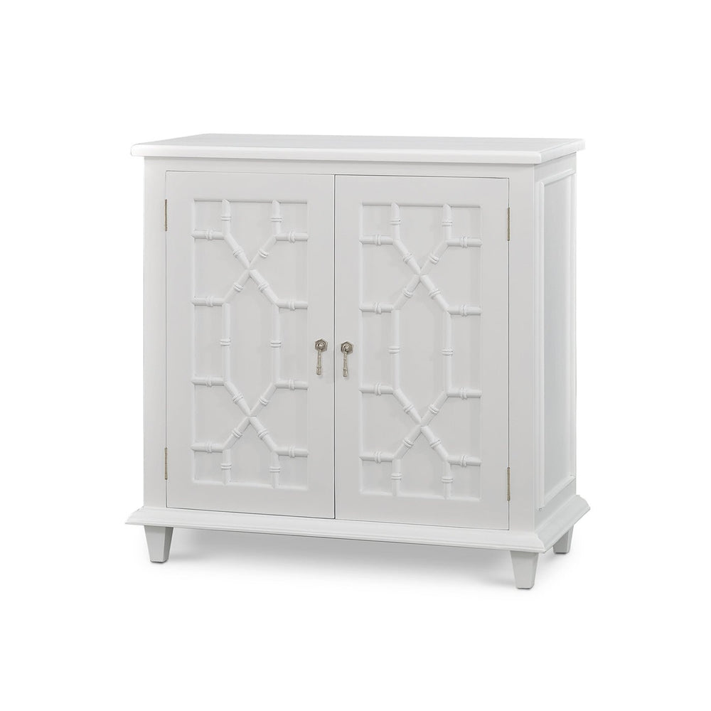 Small mid-century cabinet, true white, angled view.