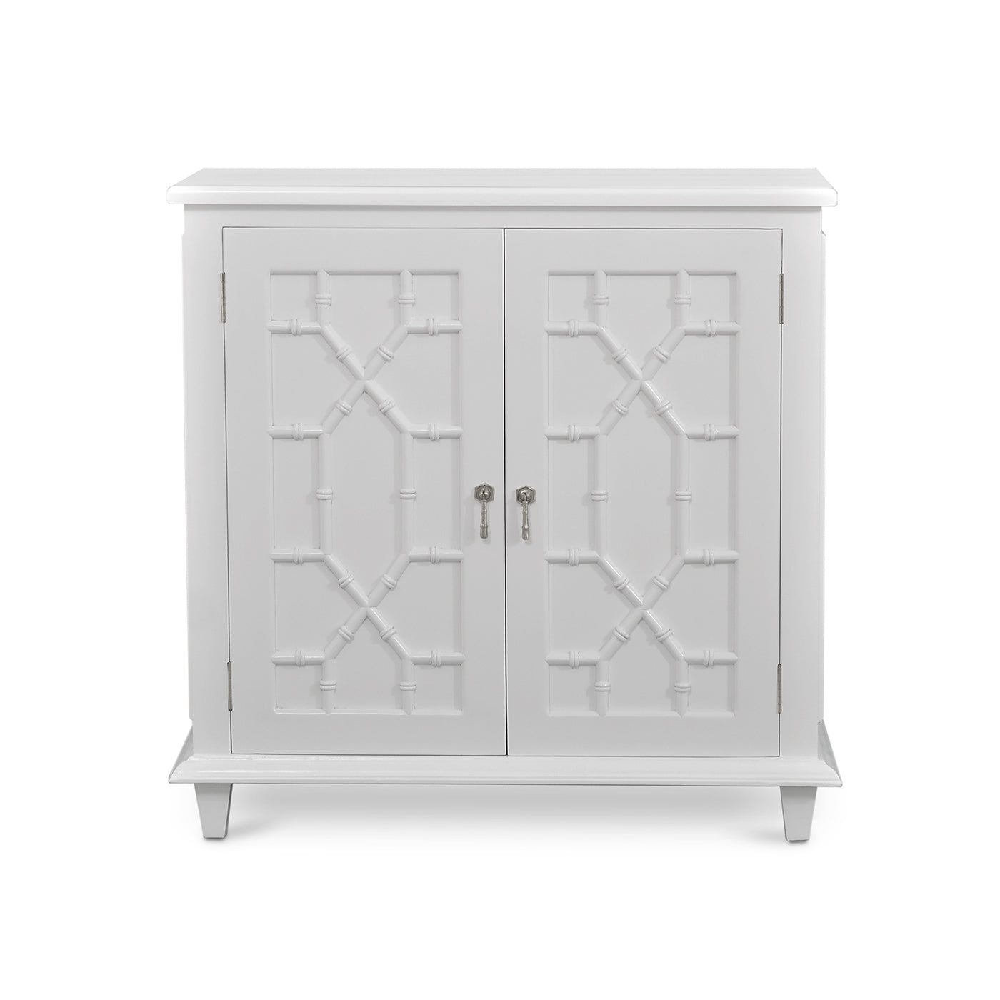 Small mid-century white cabinet, front view, closed doors.