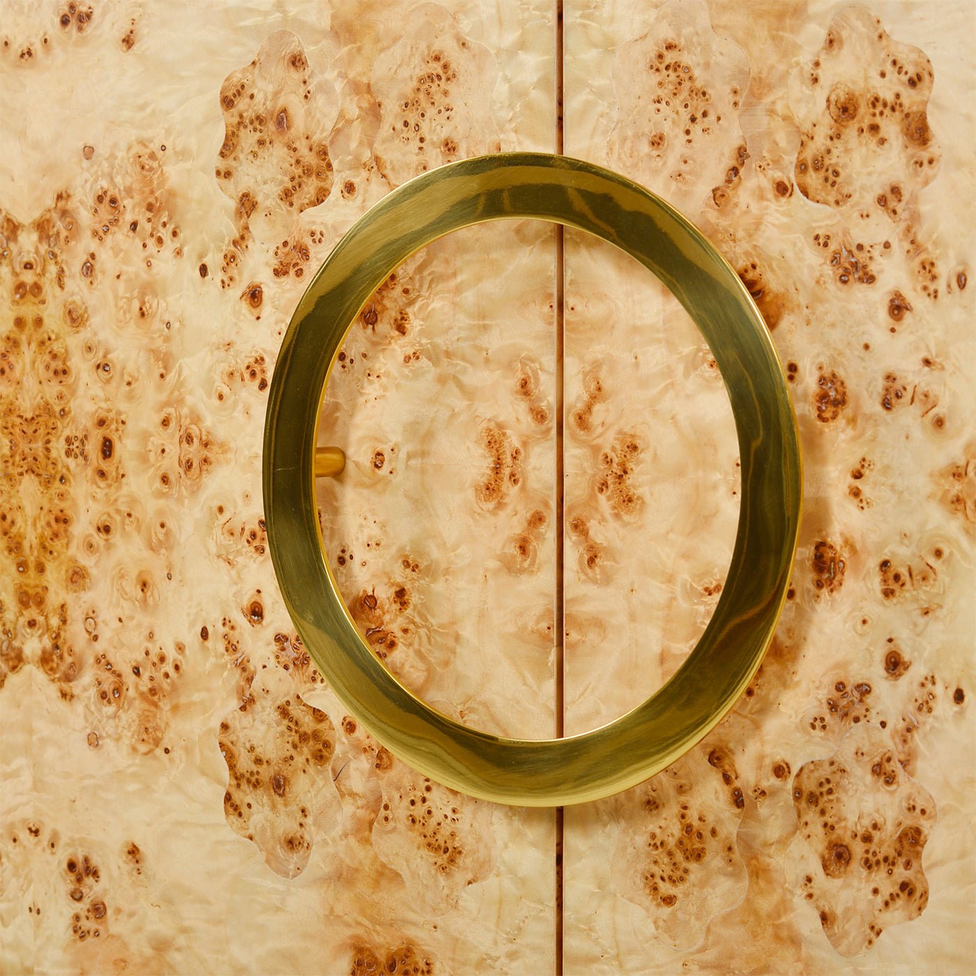 Circular handle detail on burl cabinet doors.