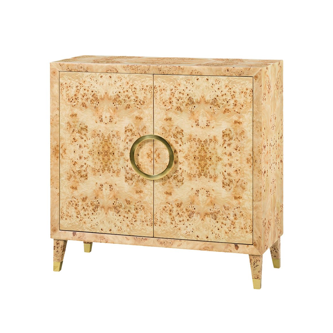 Light burl cabinet front view with circular handle.