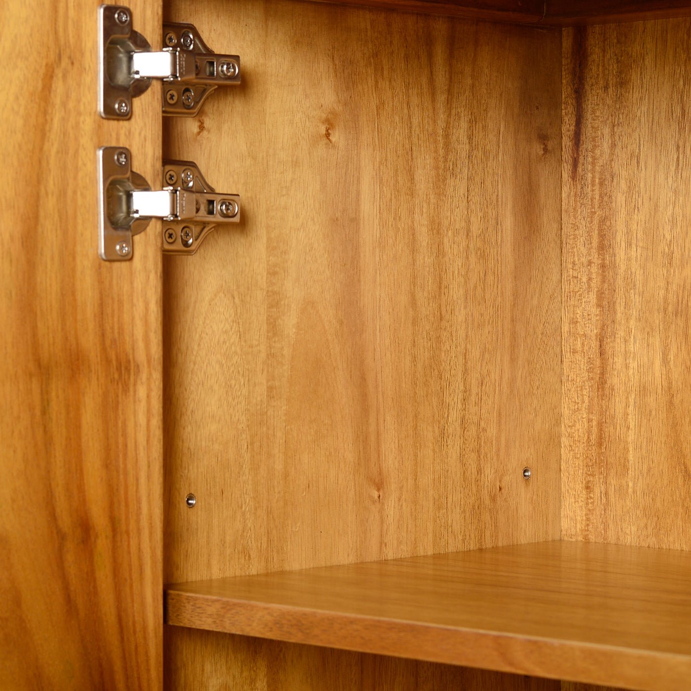Inside view of burl cabinet with shelf.