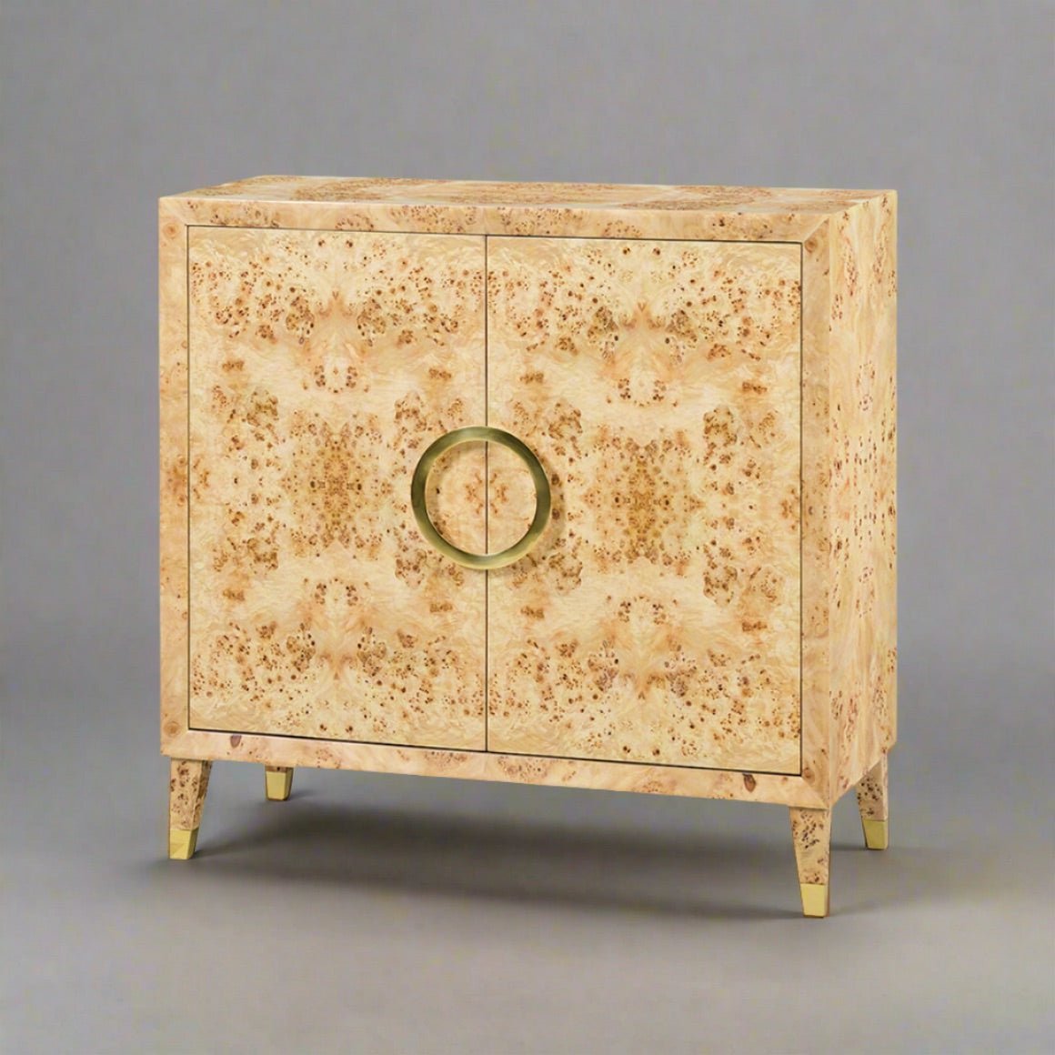 Mid-century style burl cabinet on gray background.