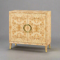 Mid-century style burl cabinet on gray background.
