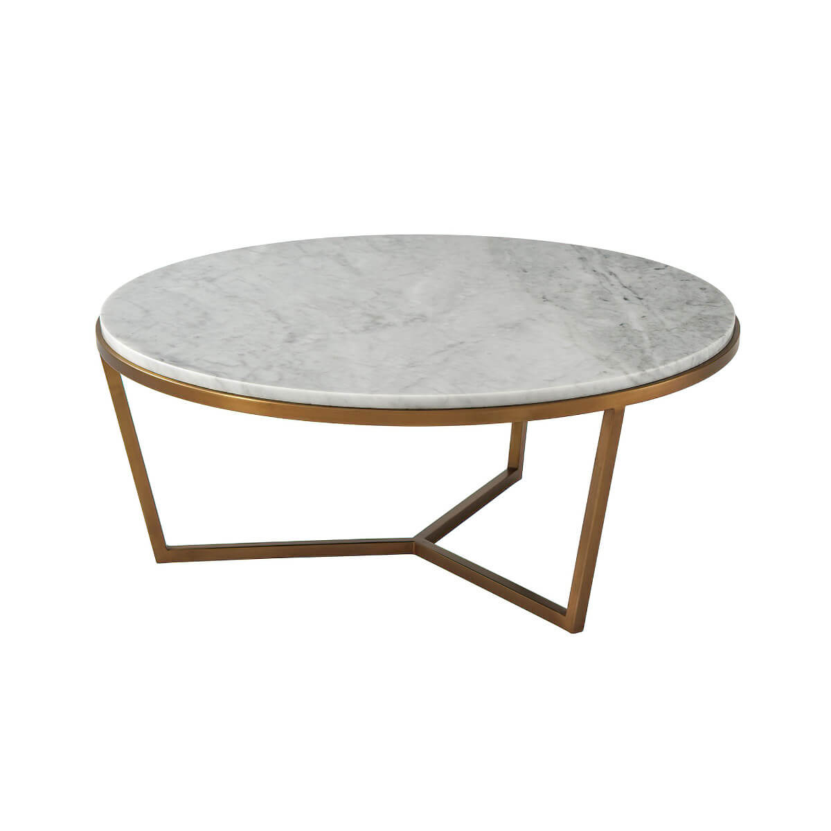 Round marble top cocktail table, side angle view.