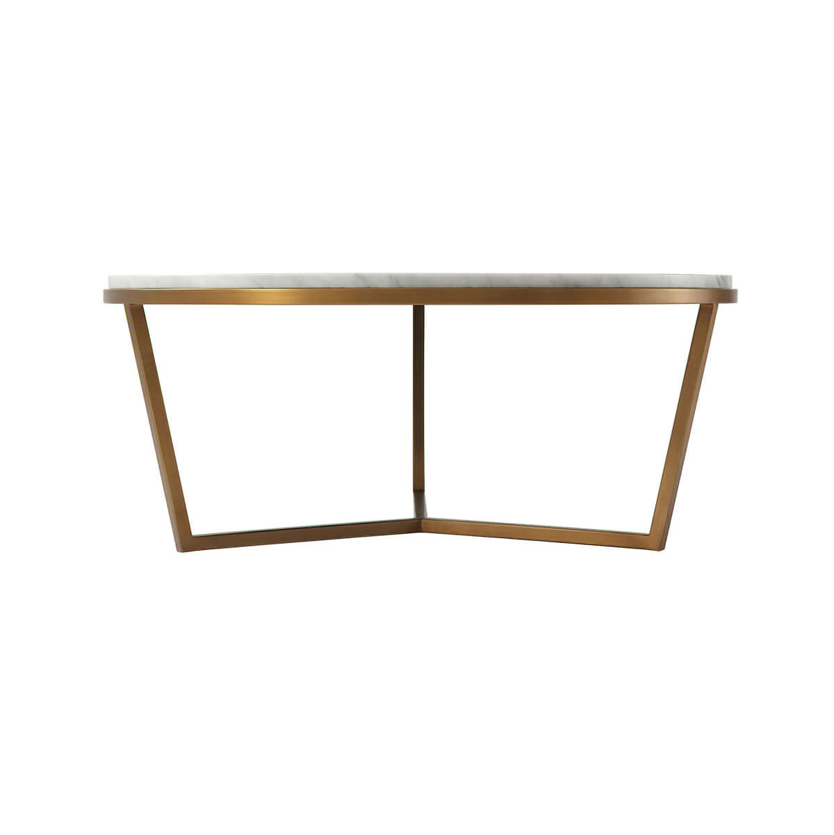 Marble top cocktail table, geometric metal frame, side view.