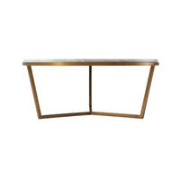 Marble top cocktail table, geometric metal frame, side view.