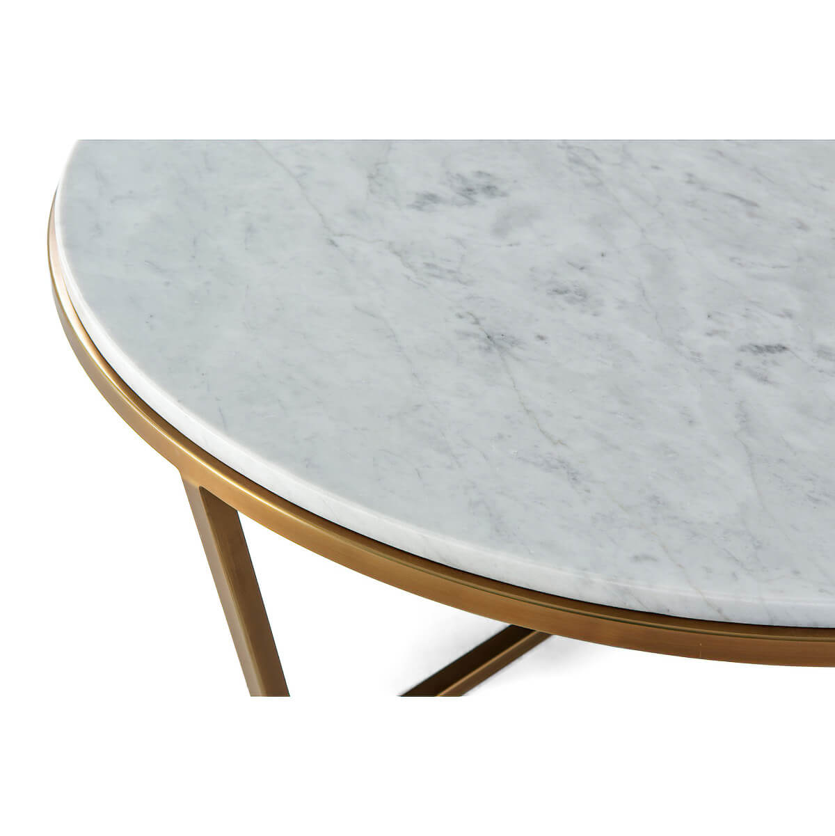 Detail of marble tabletop, brass frame cocktail table.