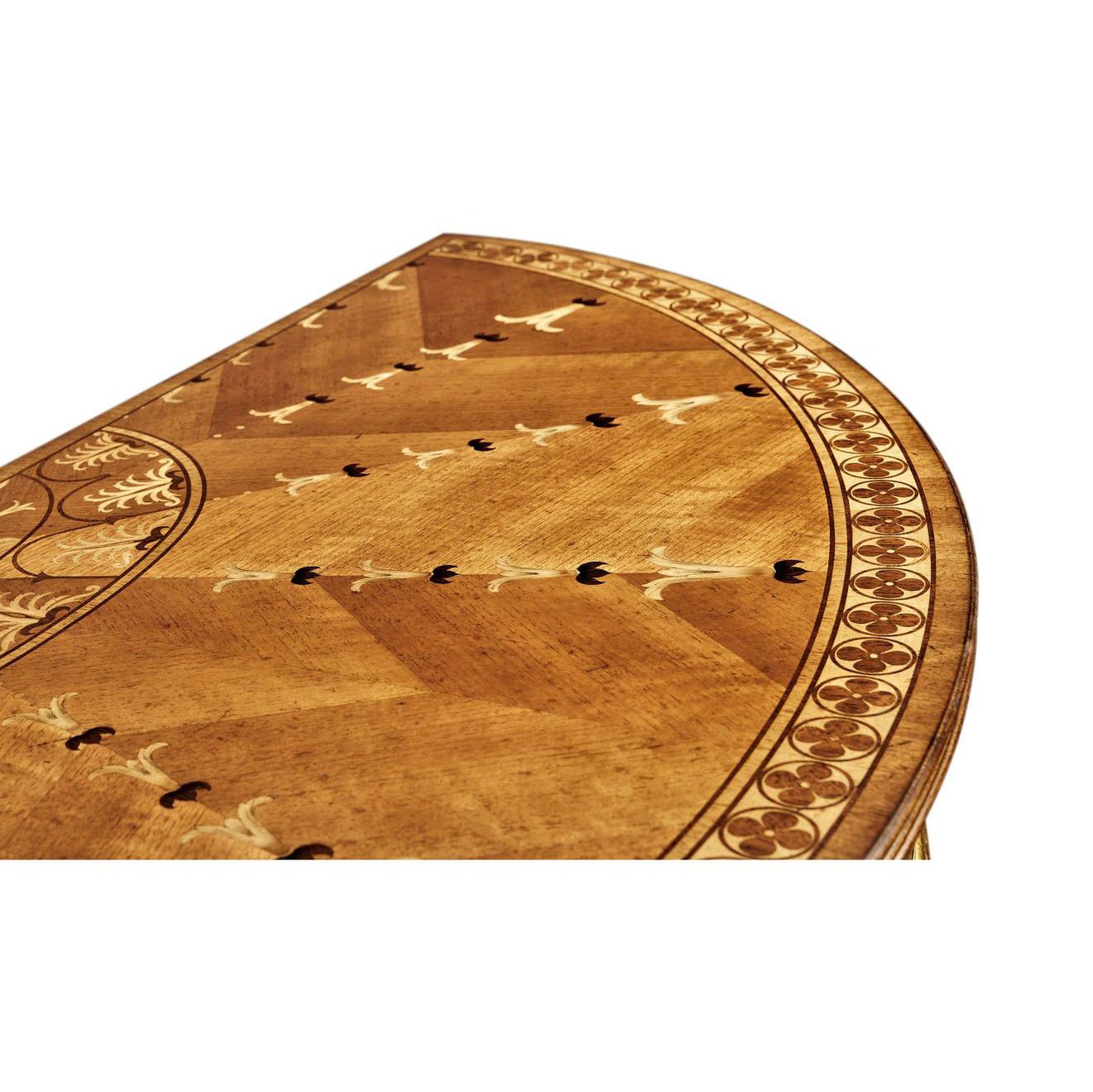 Close-up of table surface with ornate inlay details.