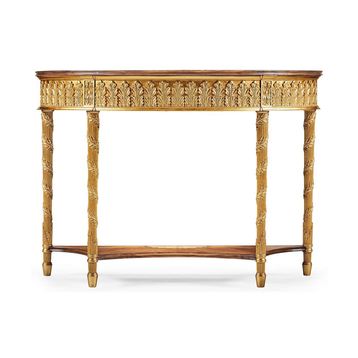 Neoclassical console table front with decorative details.