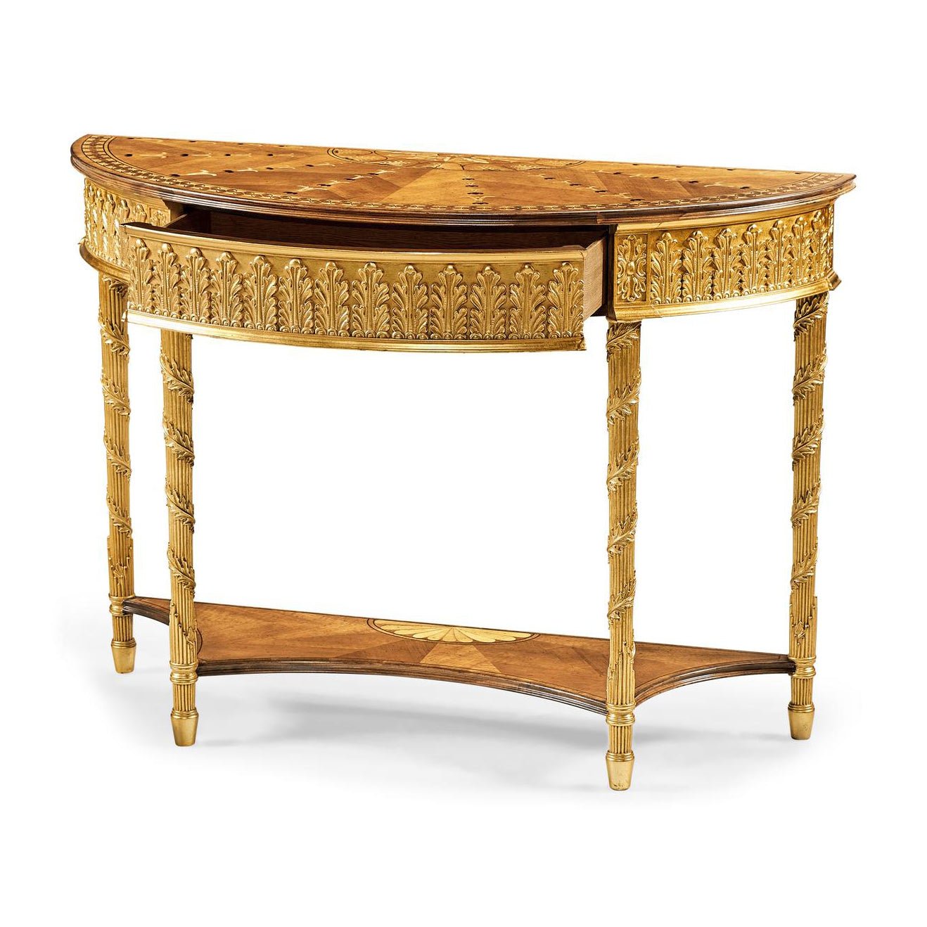 Semi-circle console table with open drawer detail.
