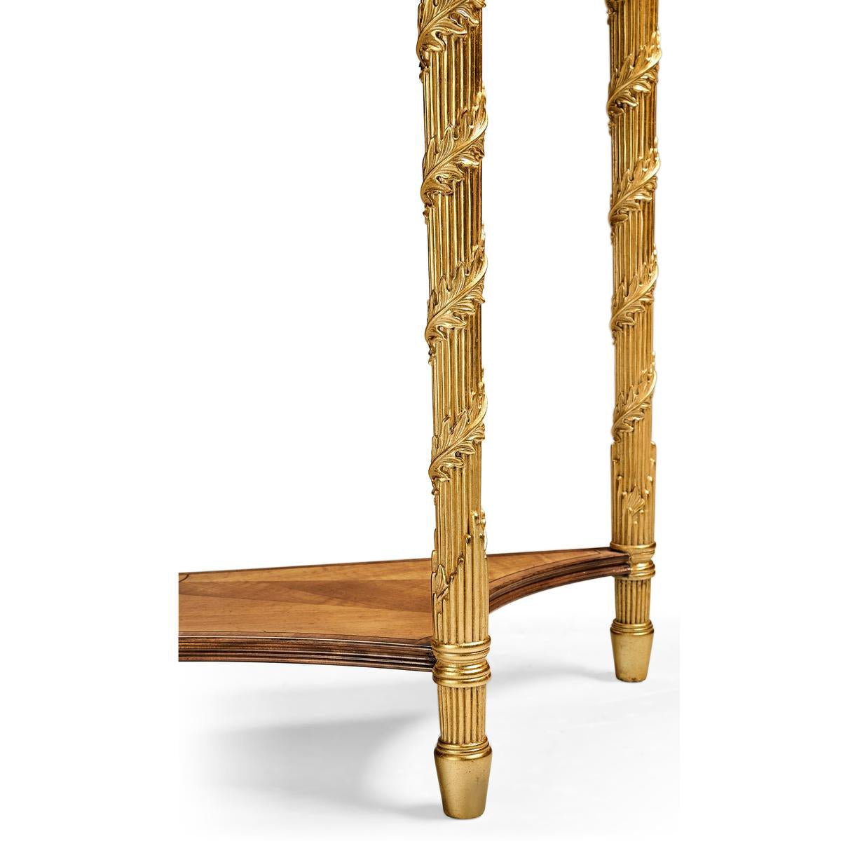 Detailed view of console table's ornate legs.