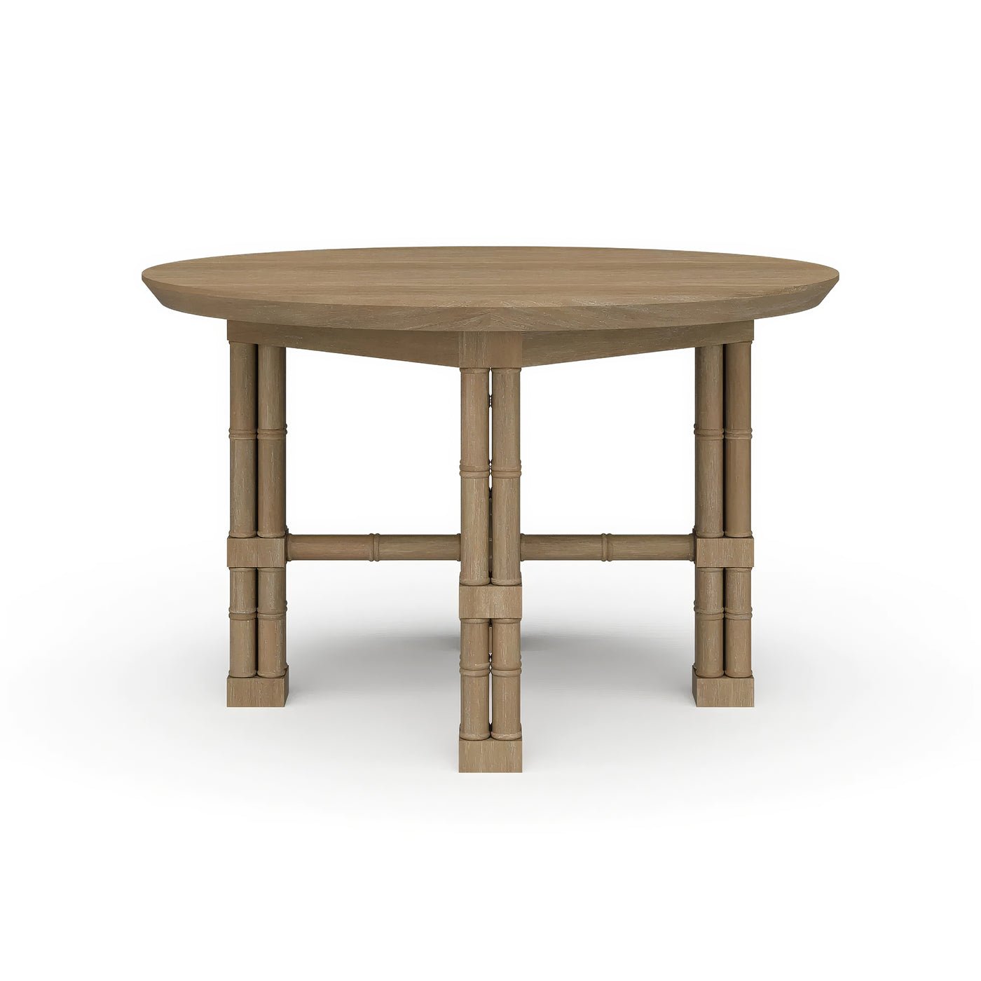 Round wood dining table, front view.