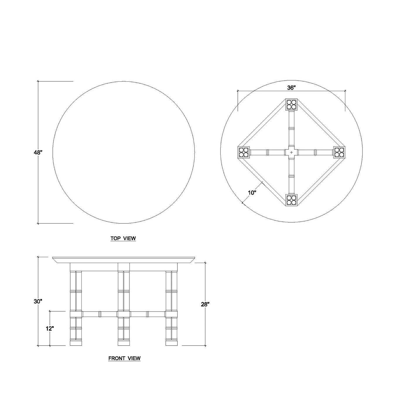 Dining table, technical drawing with dimensions.