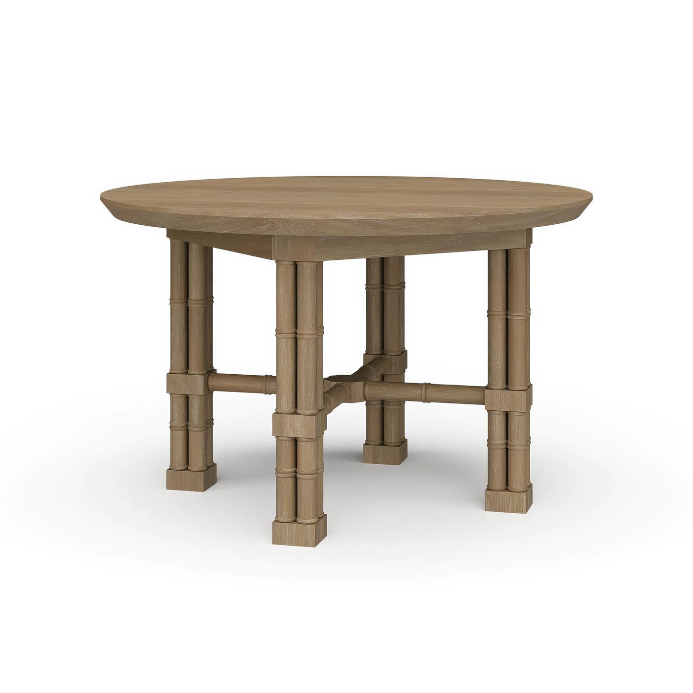 Round wood dining table, angled view.