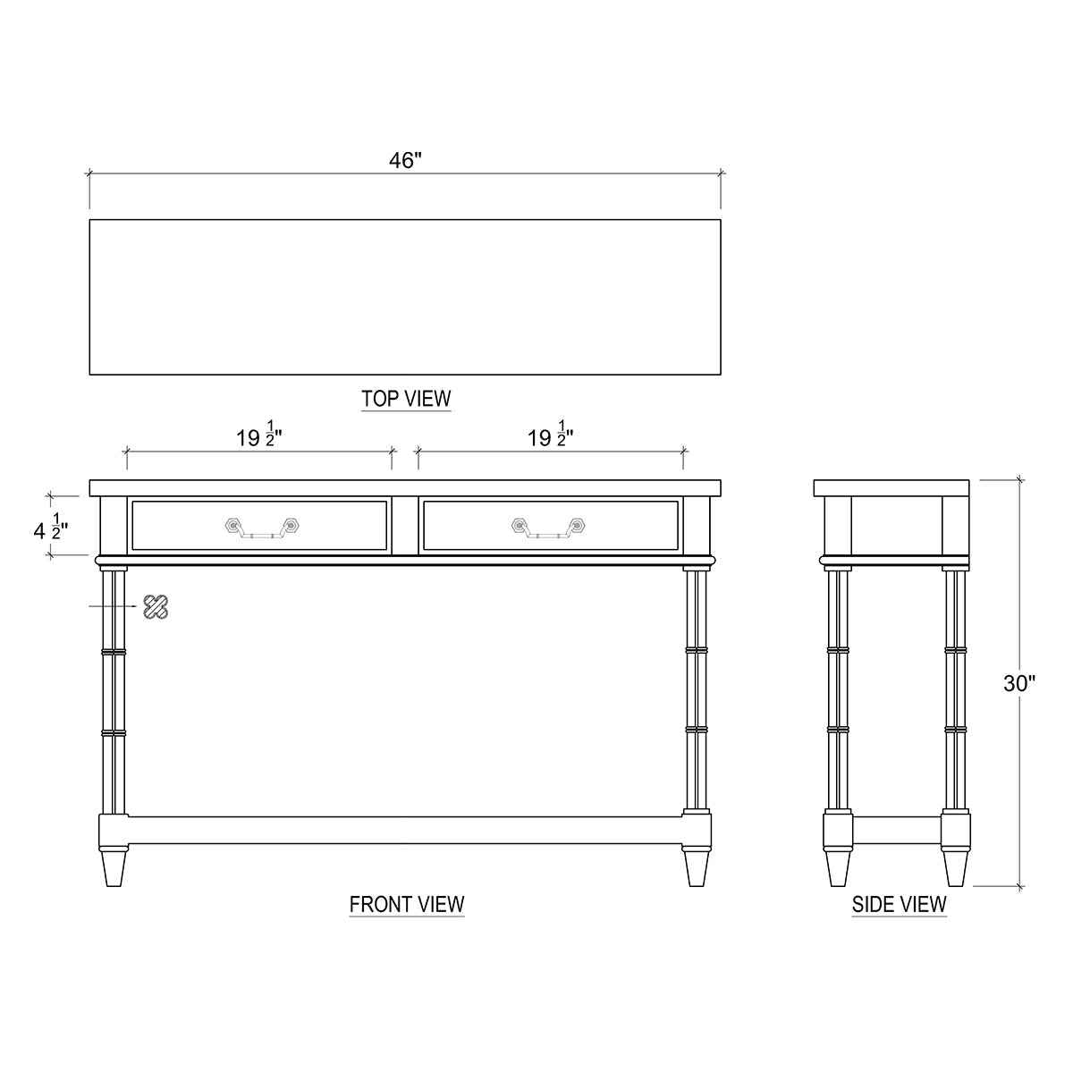 Dimensional diagram of small regency style console table.