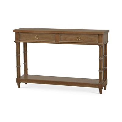 Angled view of small regency style console table.