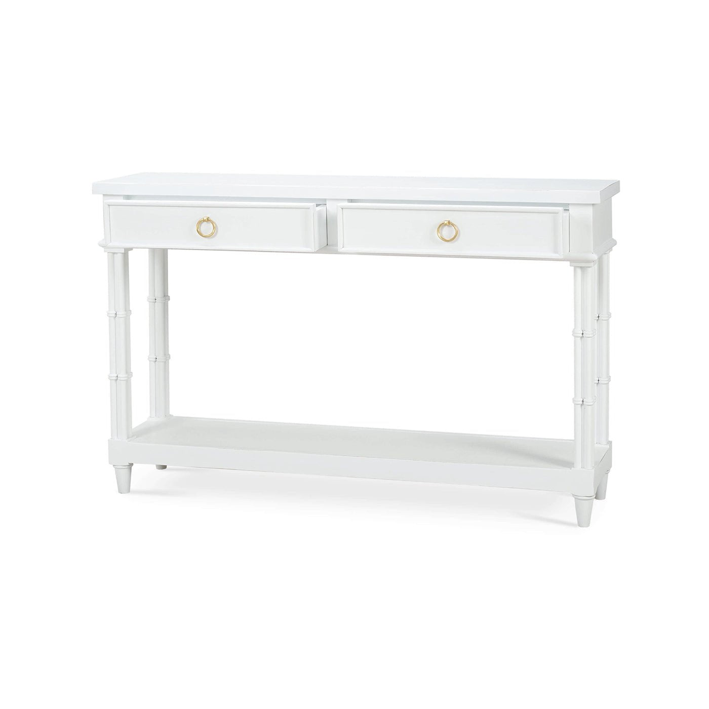 White console table with drawers, angled left view.