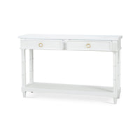 White console table with drawers, angled left view.