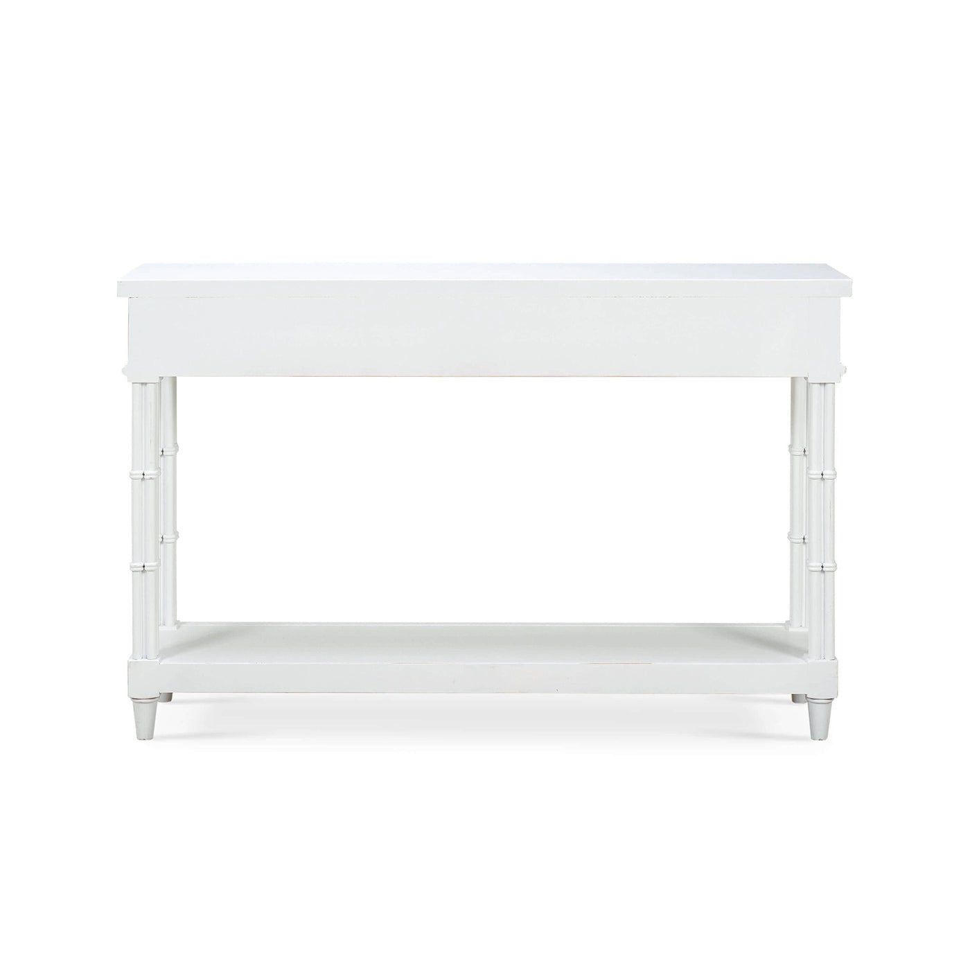 Back view of white console table, no drawers visible.
