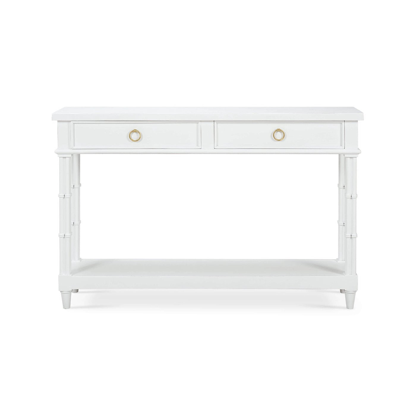 White console table with drawers, direct front view.