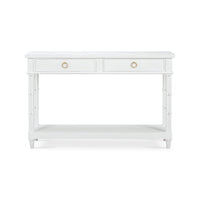 White console table with drawers, direct front view.