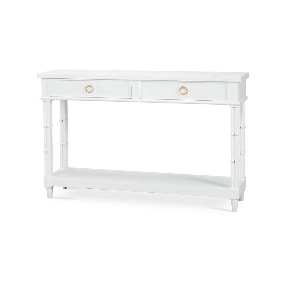 White console table with drawers, angled front view.