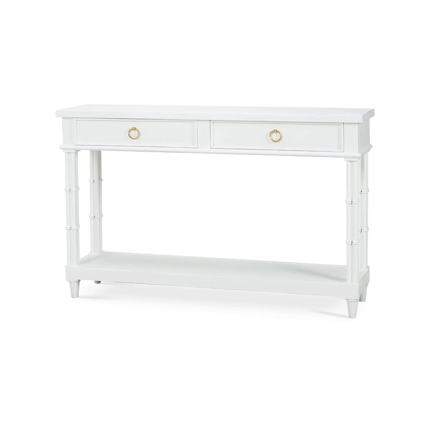 White console table with drawers, angled front view.