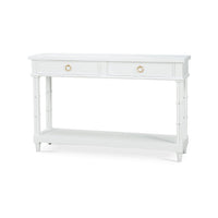 White console table with drawers, angled front view.