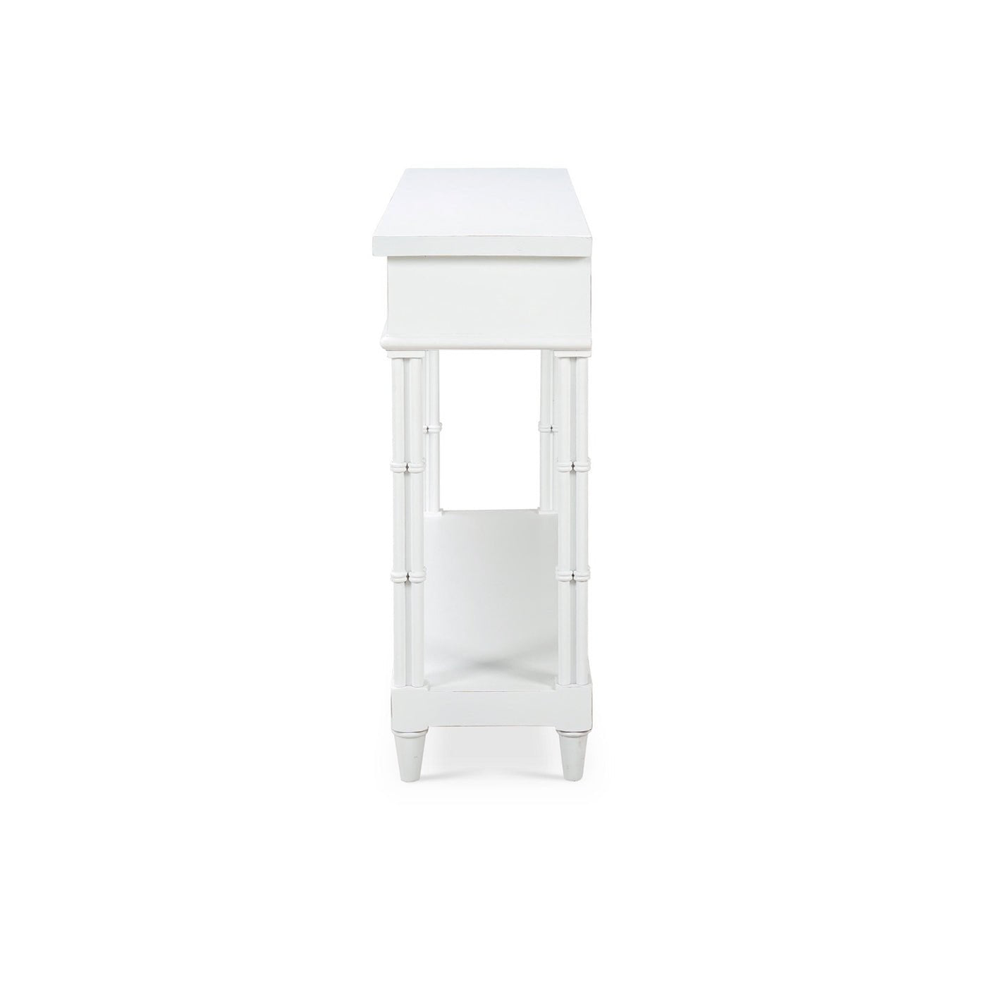 White console table, side profile view.