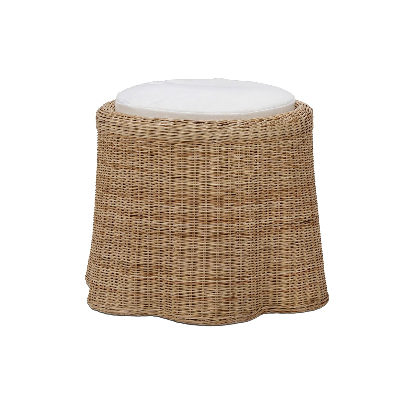 Round rattan ottoman from side view with cushion.