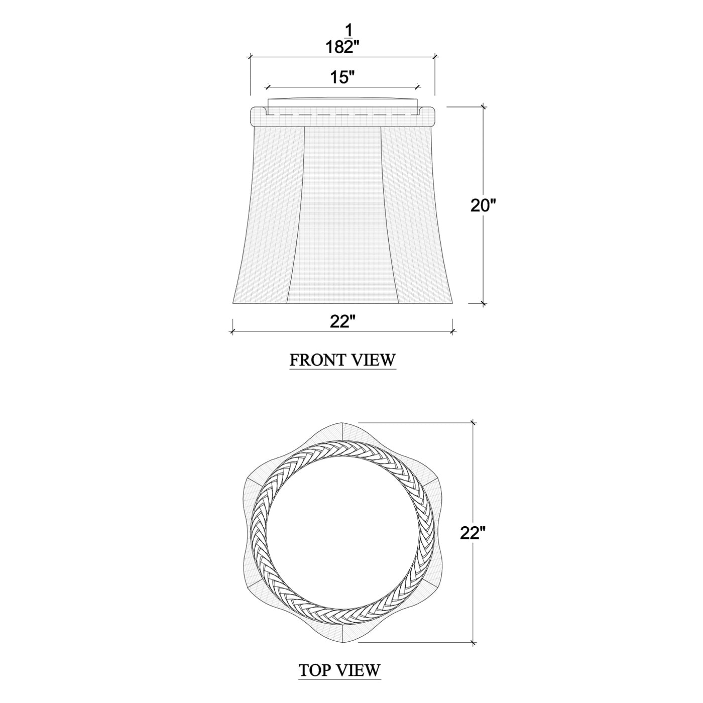 Dimension diagram of small round rattan ottoman.
