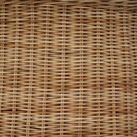Detailed view of woven rattan material on ottoman.