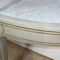 Detailed view of console's marble-like top.