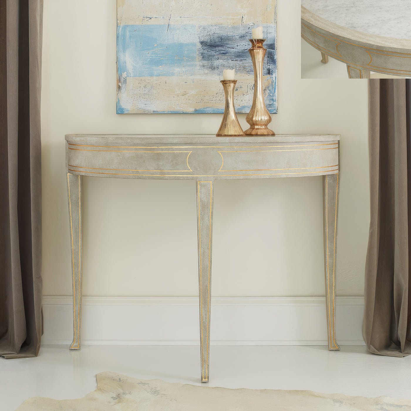 Decorated console table in stylish living room setting.