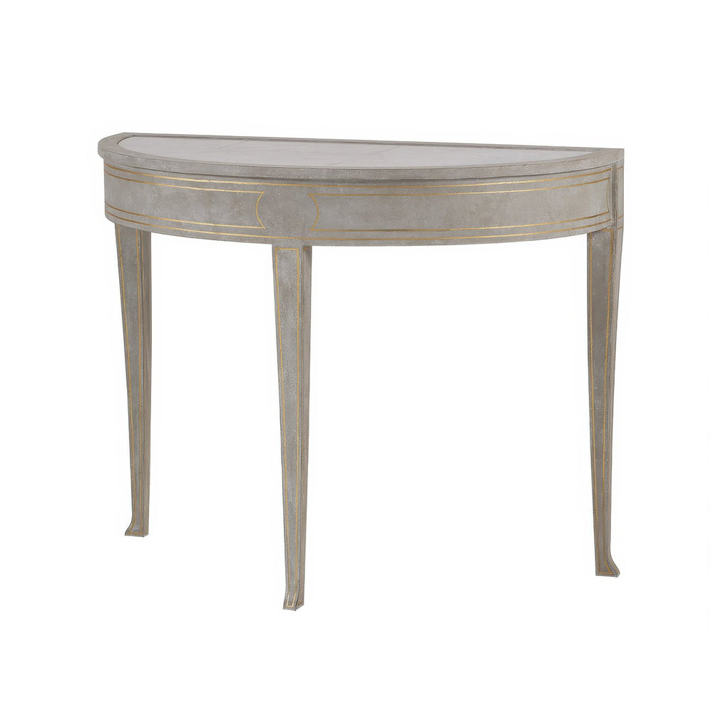 Grey console table angle view with elegant details.