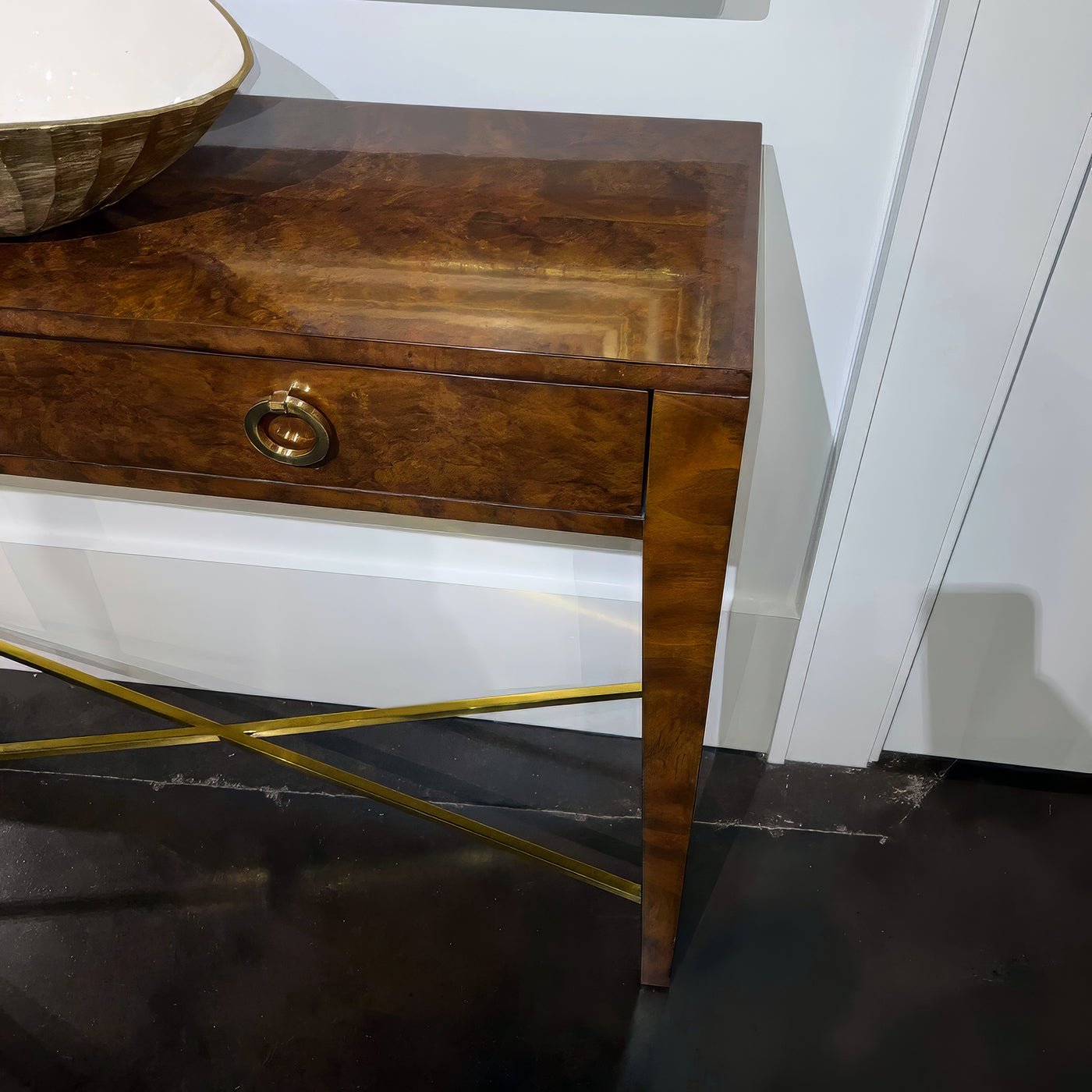 Close-up of console table with decorative bowl