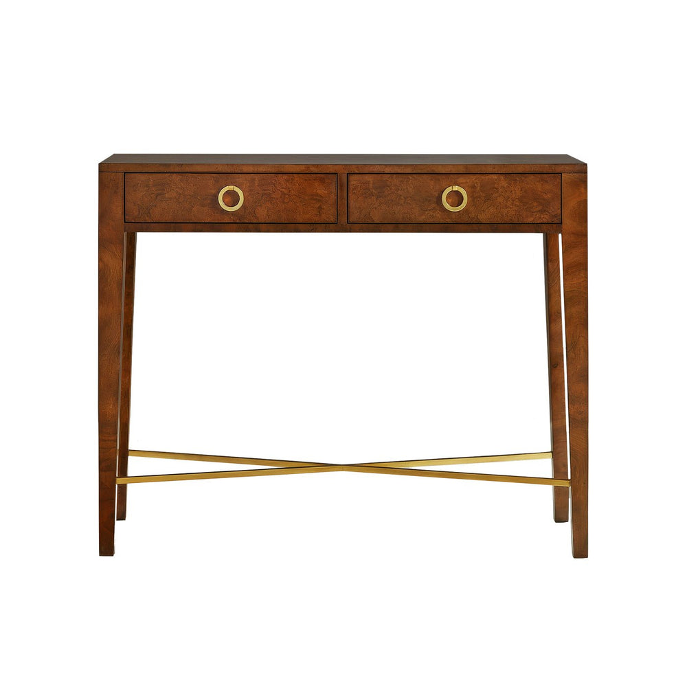 Small walnut burl console table front view