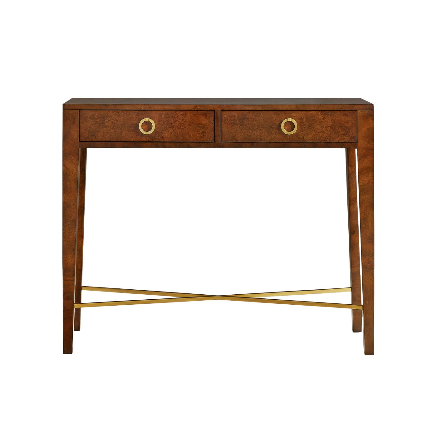 Small walnut burl console table front view