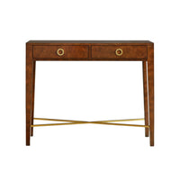 Small walnut burl console table front view