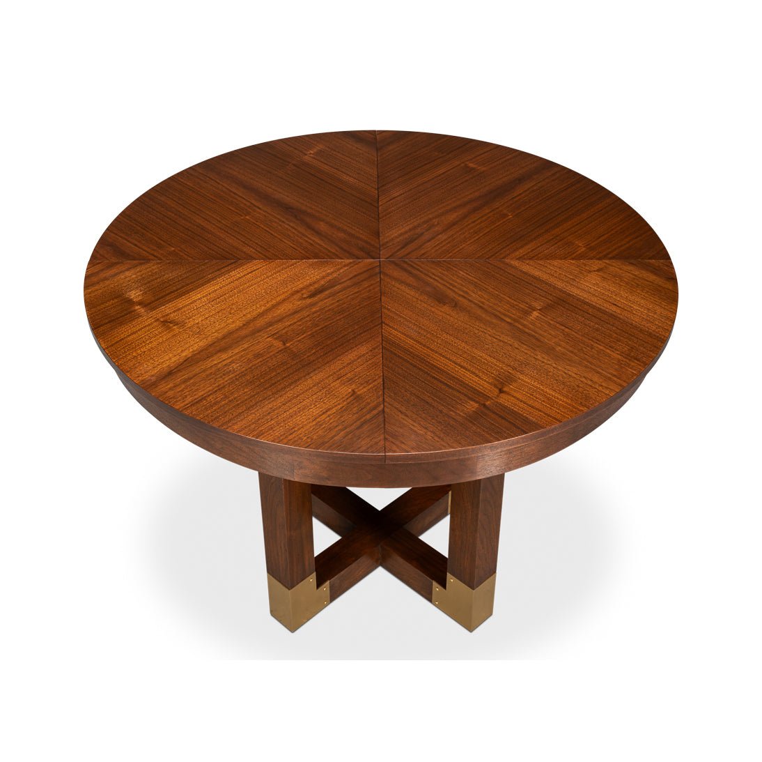Round table with geometric wood design, top view.