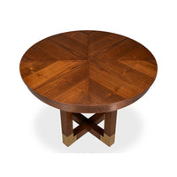 Round table with geometric wood design, top view.