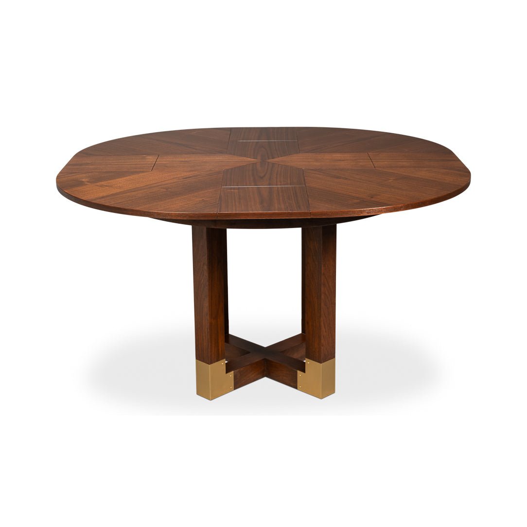 Fully retracted dark wood dining table.