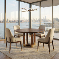 Table set in room with city view, four chairs.