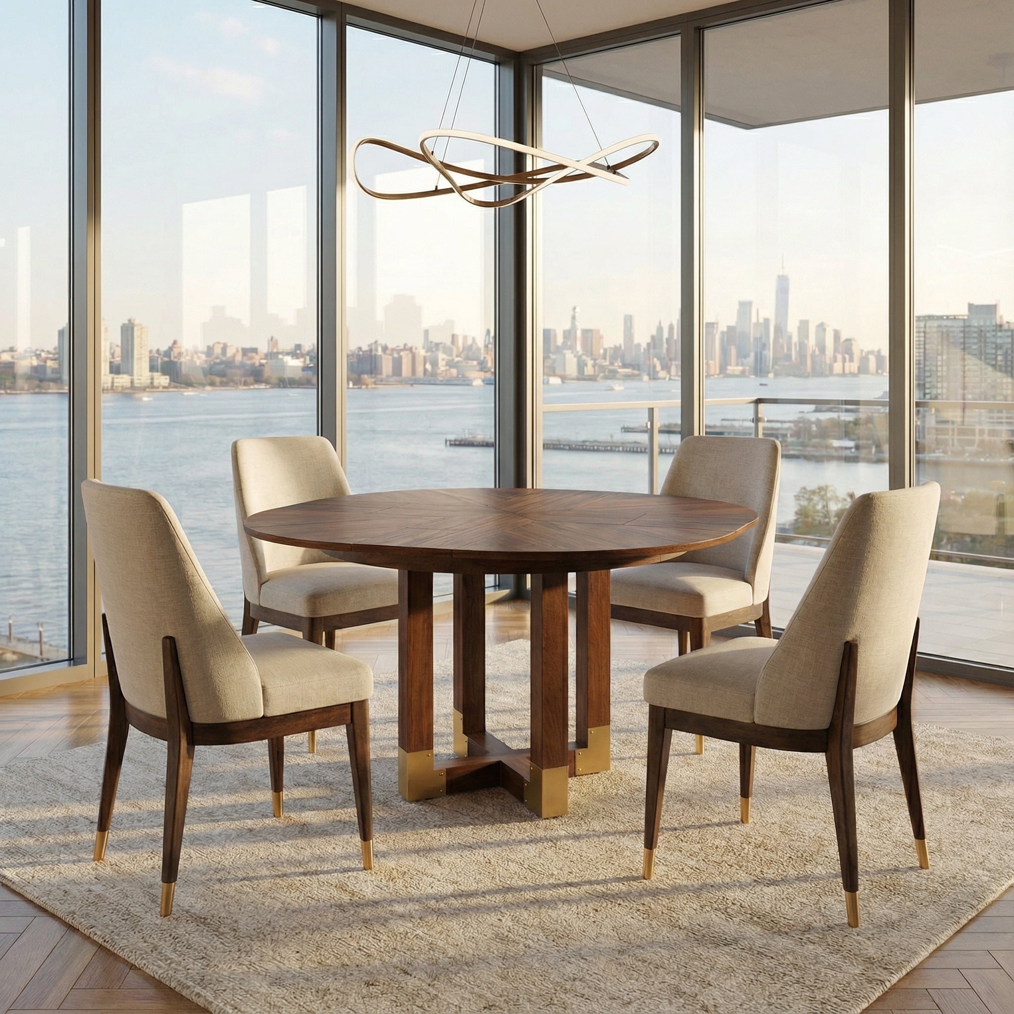 Table set in room with city view, four chairs.